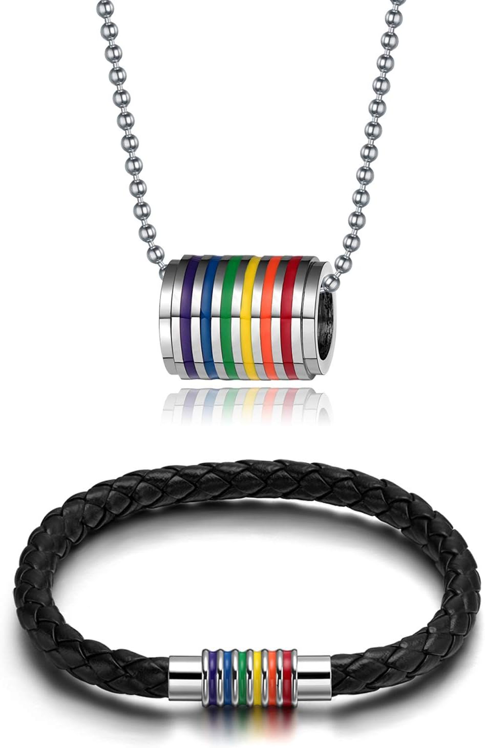 Stainless Steel Pride Necklace & Braided Rainbow Bracelet Set